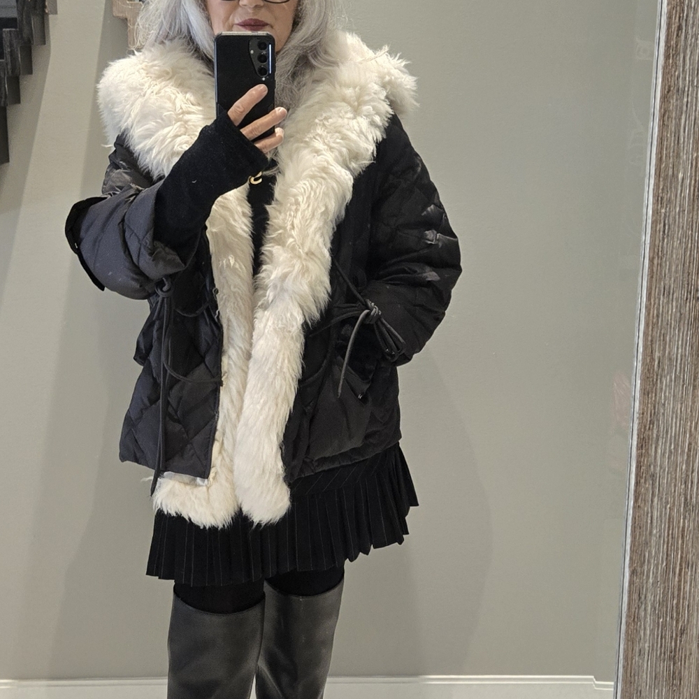 Women's Black and White Fur(wool)-Trimmed Jacket